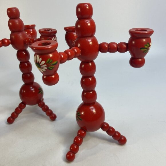 Swedish Traditional Bobbin Candle Holders 3 Arm Hand Painted Wood Red Set of 3 - Picture 4 of 10